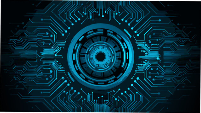 Central mechanical lens with circuit board pattern on a dark teal background futuristic technology illustration circuitry electronic component eye optical device