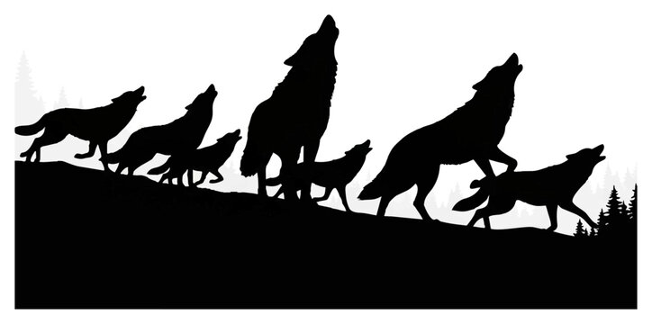 Silhouette of a Pack of Howling Wolves on a Hillside