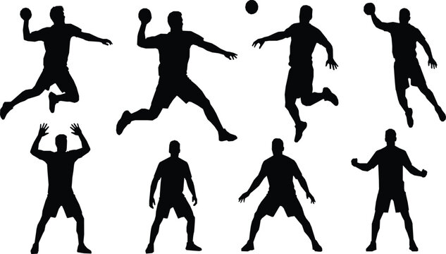 Handball Player Silhouettes Action Poses, Jumping, Throwing, and Defending