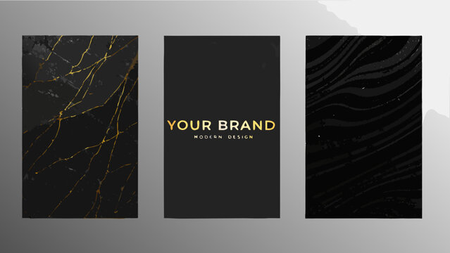 Four vertical rectangular designs featuring marble zebra and abstract textures a vector illustration art aesthetic background black gold branding contemporary decorative