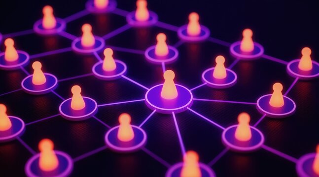 Connected human figures form a digital network. Glowing icons link together forming a futuristic communication web. People connect online creating community bonds across cyberspace.