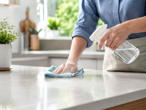 Hands cleaning kitchen counter with cloth and spray bottle