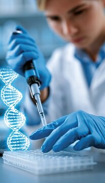 Scientist pipetting in genomics laboratory with holographic DNA strand