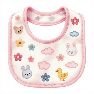 White baby bib with pink trim features cute embroidered animals like a bear, bunny, and duck. Pastel floral and cloud motifs add charm. Ideal for infant feeding and toddler apparel design.