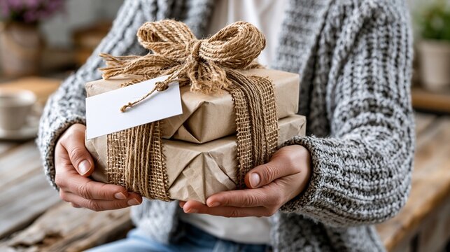 Gift wrapping session in cozy indoor space with two small packages ready for delivery to family and friends during the holiday season
