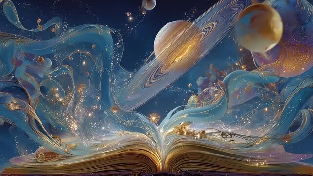Open book unleashing celestial fantasy with swirling cosmos and glowing orbs