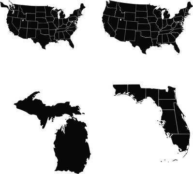 Black silhouette map icons of united states of america with michigan and florida state shapes