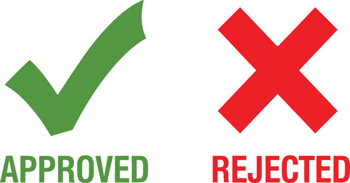 Green approved check mark and red rejected cross sign icons
