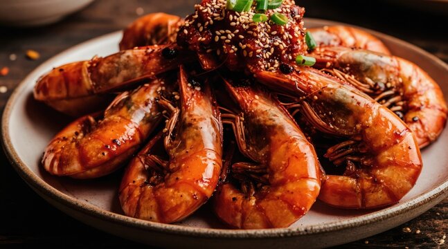 Close-up of succulent grilled shrimp glazed with spicy chili sauce, topped with sesame seeds, chopped green onions. Plated dish savory seafood preparation, perfect for culinary content, restaurant