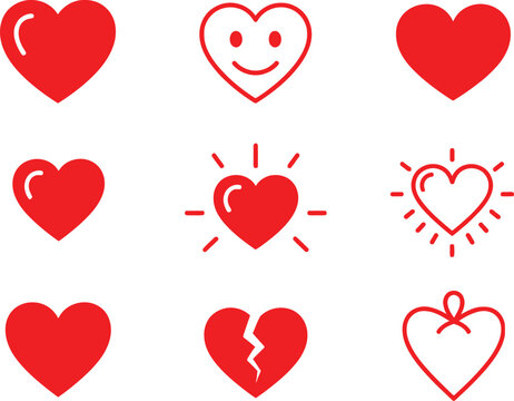 Set of various red heart icons for love and romance design