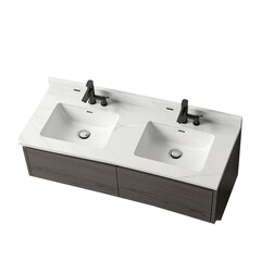 Fototapeta premium Modern double bathroom vanity with white marble countertop and black faucets isolated.