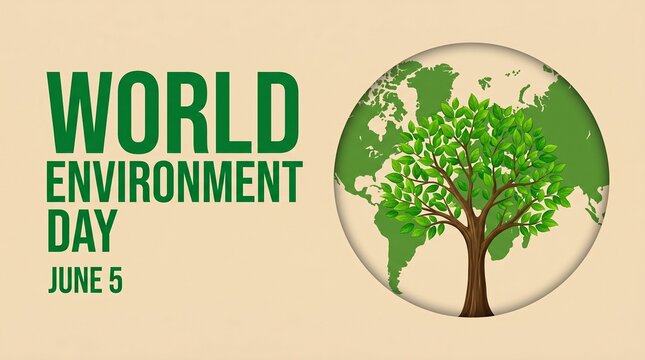 World environment day concept with a green tree and a world map inside a circular frame on a beige background