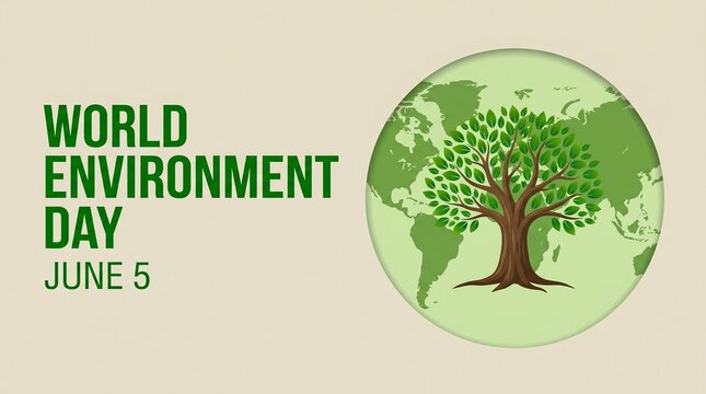 World environment day concept with a green tree and a world map inside a circular frame on a beige background