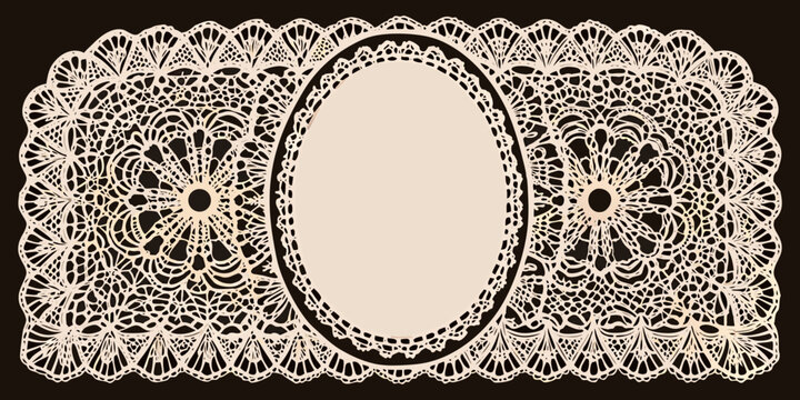 Intricate floral lace doily beige vector pattern on black background