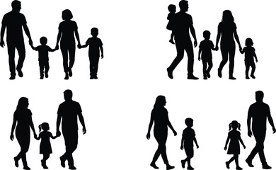 Obraz premium Family Walking Silhouette Collection with Parents and Children Isolated People Vector Set