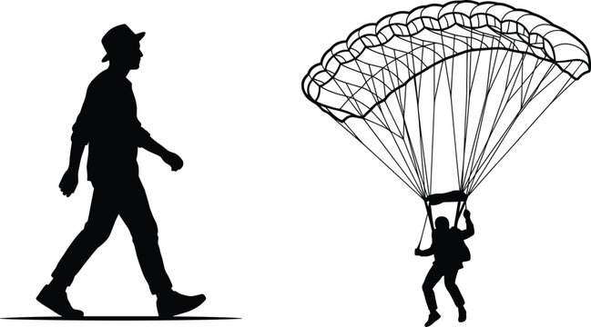 Black silhouette vector of a man walking and a skydiver paragliding isolated on white background
