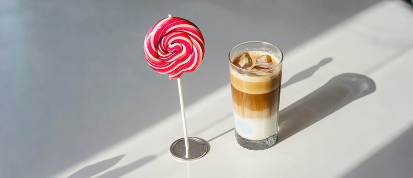 Lollipop and iced coffee on white surface overhead view in bright sunlight