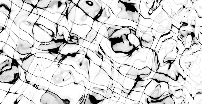 Abstract black and white liquid texture with distorted grid lines, water ripple caustics effect, and fluid wave patterns isolated on transparent background