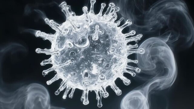 Surreal blend of pure water and white smoke forming a microscopic viral structure