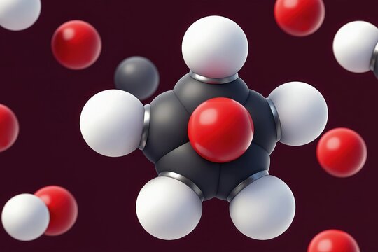 3D rendering shows ethylene oxide molecule structure. Atoms form ring shape with oxygen atom. Chemical compound model represents science research concept. Ideal for education materials scientific