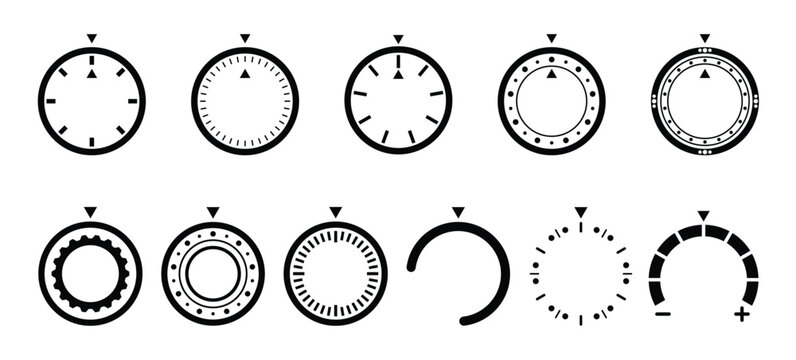 Rotary dial control scale, sound interface and circle button volume adjustment or music player UI. minimalist circular control knob icons with scale lines. vector illustration.