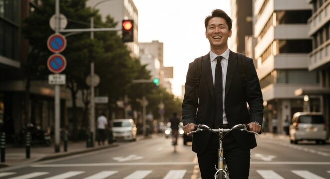Happy businessman rides bicycle smiling in a city street at sunset