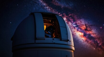 Obraz premium Observatory dome opens to reveal telescope aiming at colorful galaxy and starry night sky. Science research station explores universe. Cosmic exploration and wonder, deep space discovery.