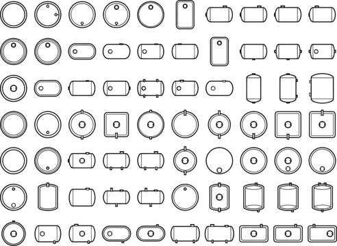 A collection of various circular and rectangular shapes with outlines, representing different industrial tanks or containers.