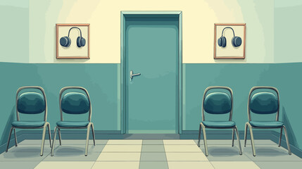 Fototapeta premium Hospital waiting room with chairs, headphones on wall, door center
