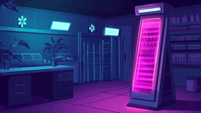 Neon-lit room with vending machine, beds, plants, and digital screens