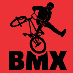 Fototapeta premium Cyclist silhouette vector illustration of a bike rider in extreme cycling sport racing speed BMX motocross style black silhouette biker on wheels in action riding cycle art design