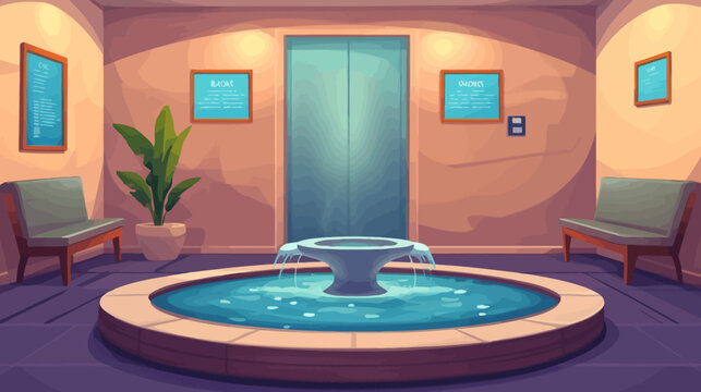 Calm indoor waiting area with fountain, benches, plant, elevator