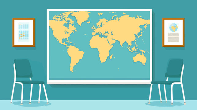 Classroom with world map on wall, two framed posters, chairs