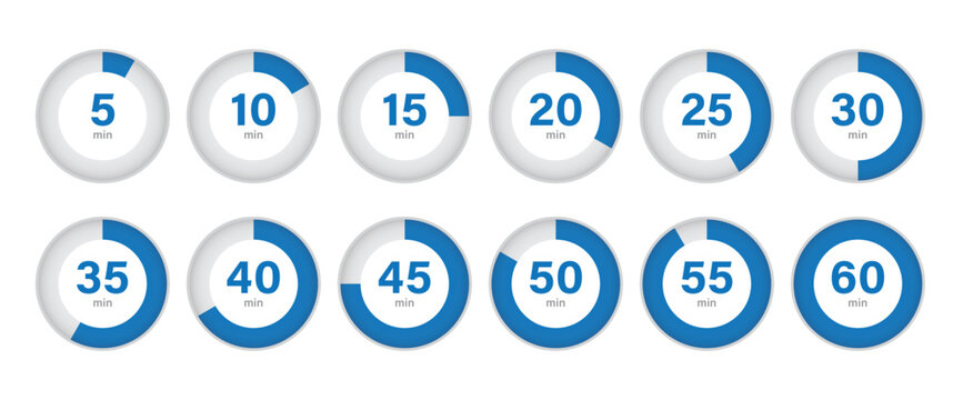 Circular Countdown Timer Progress Indicators Set with 5 to 60 Minute Duration Infographic Elements