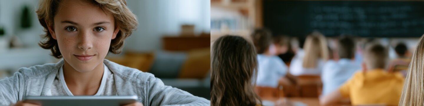 educational environment, a split-screen web banner portrays a serene ai homeschooling setting on the left and a chaotic traditional classroom on the right, highlighting the contrast for effective