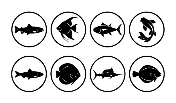 Minimalist fish icon set vector collection for aquatic life and marine design