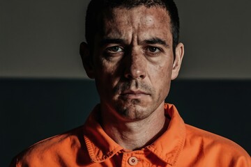 Obraz premium Man in orange prison jumpsuit stares intensely. Face shows signs of distress, grime. Dark studio background. Serious expression, looking forward.