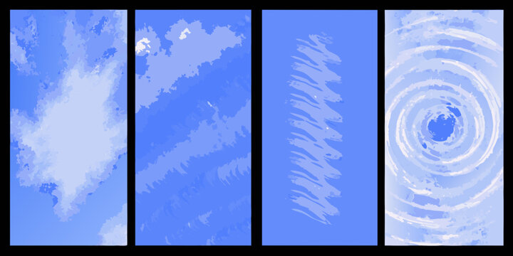 Blue cloud like formations in four vertical panels abstract style