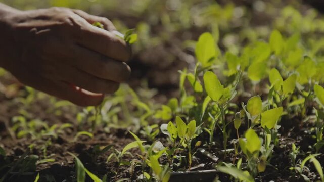晴れた日に畑の雑草を手で抜く手元のアップ スーパースロー農作業映像