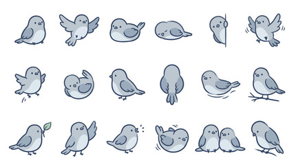 Collection of cute cartoon birds in various poses and actions, perfect for illustrations and designs. © Vena