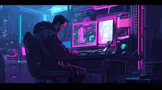 Young man working at a neon-lit tech computer setup in futuristic room
