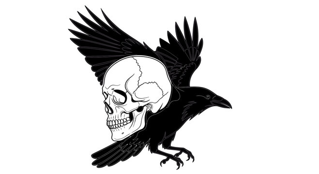Mysterious Crow Carrying Human Skull with Wings Spread - Dark Art Illustration