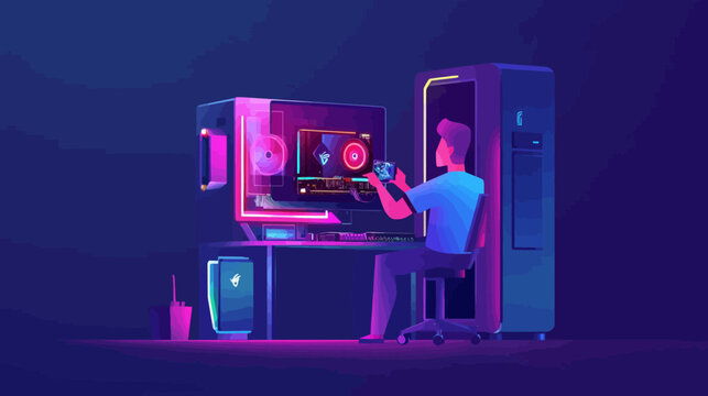 Person using a computer setup with multiple monitors and neon lighting