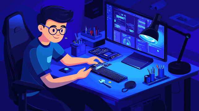 Young man working on holographic device at a tech-filled desk