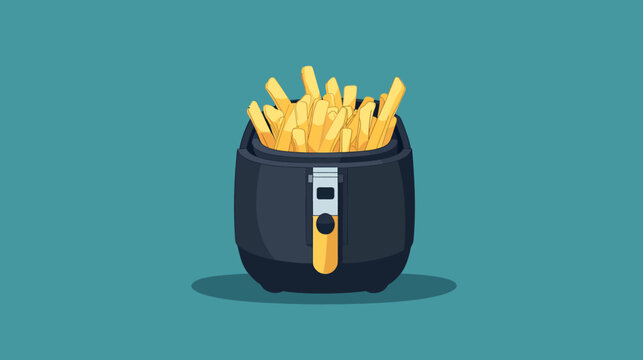 Digital illustration of a black deep fryer filled with golden French fries