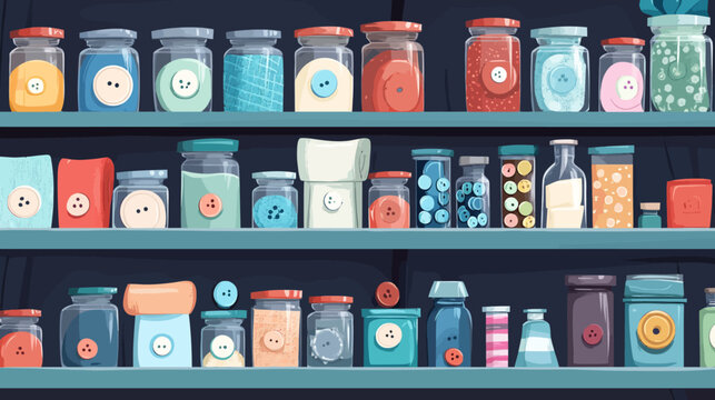 Colorful shelves filled with neatly arranged jars of buttons and craft supplies