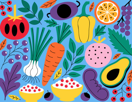 Healthy eating background featuring fresh fruits vegetables berries and superfoods colorful nutritious arrangement promoting wellness vegetarian lifestyle and balanced nutrition