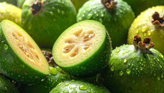 Close up of fresh green feijoa fruits with water droplets, showing a sliced feijoa sellowiana with seeds.