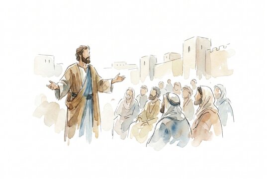 Watercolor illustration of Apostle Paul preaching the gospel to a crowd in an ancient city square. Early Christianity development and missionary concept, isolated on a white background with copy space