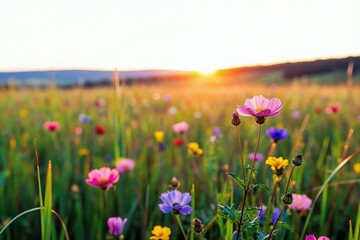 Obraz premium Colorful meadow wildflowers bloom during a warm summer sunset. Soft sunlight illuminates diverse flora on a grassy field. Gentle breeze sways petals near rolling hills.